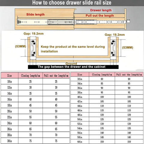 How to choose drawer slide rail size guide with measurements for Heavy Duty Ball Bearing Drawer Slides Full Extension Steel Runners.
