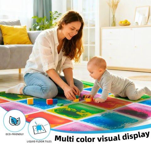 Woman and baby playing on Liquid Sensory Colorful Floor Tiles Pack Of 4 11.8 Inch Square Dance Floor Tiles That Move With Every Step