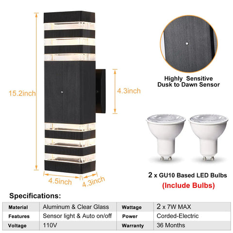 Dusk To Dawn LED Outdoor Light For Porch And Front Door Anti Rust Matte Black Up And Down Exterior Fixture with sensor and bulbs
