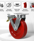 8 By 2 Inch Ultra Heavy Duty Swivel Casters Featuring Kingpinless Solid Red Polyurethane Wheels Holding Twelve Thousand Pounds For Clean Rooms Commercial Kitchens Rolling Smooth And Built Tough For The Daily Grind With Four Secure Locking Brakes.