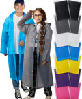 Two adults wearing blue and gray ponchos from 14 Pack Reusable EVA Rain Ponchos for Adults with Drawstring Hoods Waterproof Rain Gear Set