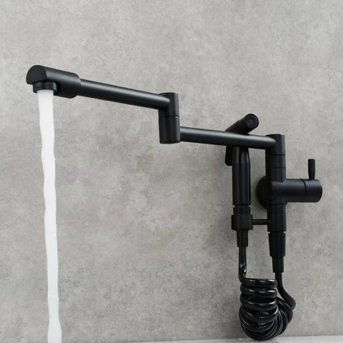 Brass Kitchen Faucet With Side Sprayer And Wall Mount Pot Filler, 360 Degree Rotating Double Joint Swing Arm in black finish