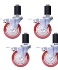 Beefed Up Polyurethane Caster Wheels With Dual Brakes Set Of Four showing stainless steel core and red polyurethane tread