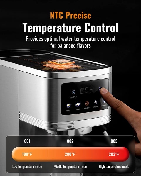 20 Bar Espresso Machine With Milk Frother And Touchscreen 1350W Power displayed with temperature control settings.