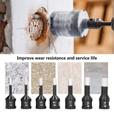 Heavy Duty 7 Piece Gemstone Drill Bits Set With M14 Thread For Wet Dry Drilling On Marble Tile Granite And Stone. 7 bits, φ6-14 mm, in use on stone