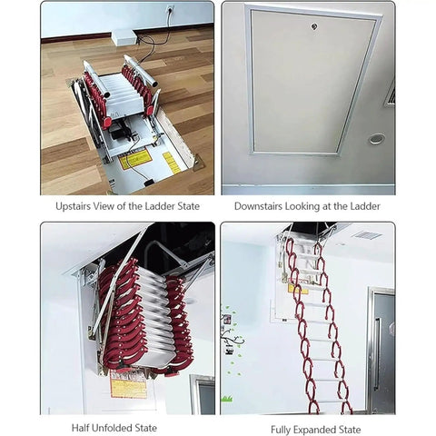 Built Like A Tank Electric Folding Attic Ladder With Smooth Remote Control Automatic Pull Down Staircase viewed in different states.