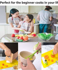 Higoney 17-piece kids kitchen set with toddler-safe plastic knives, cutting board, and vegetable cutters.