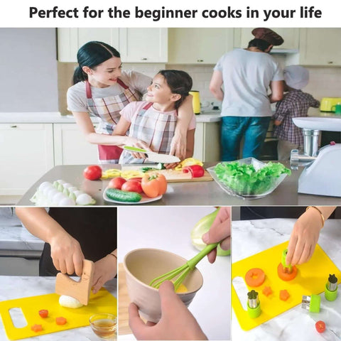 Higoney 17-piece kids kitchen set with toddler-safe plastic knives, cutting board, and vegetable cutters.