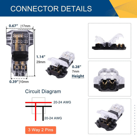 Low Voltage Wire Connectors Deliver Rock Solid Contact With Solderless No Stripping 3 Way T Tap 2 Pin Splice For LED Strip And Automotive Wiring Fits 24-20 AWG Pack Of 12, diagram and dimensions shown.