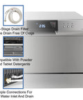 Compact 22 Inch RV Countertop Dishwasher With LED Touch Controls And Child Lock Featuring Eight Heavy Duty Wash Settings And Triple Stage Filtration showing 3-stage drain filter and simple connections for water inlet.