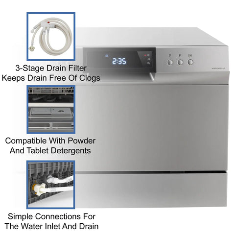 Compact 22 Inch RV Countertop Dishwasher With LED Touch Controls And Child Lock Featuring Eight Heavy Duty Wash Settings And Triple Stage Filtration showing 3-stage drain filter and simple connections for water inlet.