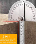 No Fuss Stainless Steel Zero To One Eighty Degree Round Head Protractor And Angle Finder Gear measuring 90 degree angle with ruler.