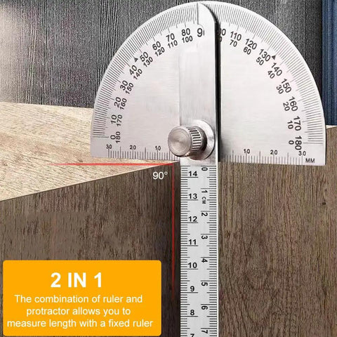 Top Tier Stainless Steel Angle Protractor Packing Killer Precision 0 To 180 Degree Readings For Woodworking Builds And Machinist Jobs With Laser Crisp Scale Markings on a wooden surface measuring 90 degrees.