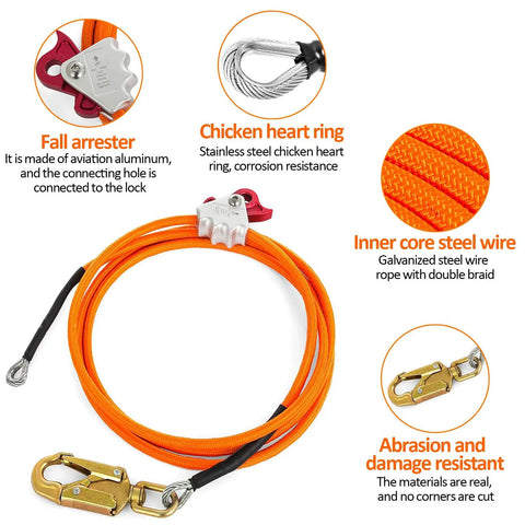 Tree Climbing Gear Set With Adjustable Belt And Steel Core Flip Line Pro Grade Foot And Ankle Straps Gloves Replacement Screws And Hex Wrench Triple Lock Lanyard Adjuster Ergonomic Leg Pads For Pain Free Arborist Climbing showing orange steel core flip line with clamps and carabiners.