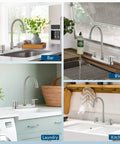 Top Shelf 8 Inch Centerset Kitchen Faucet With Dual Handles And High Arc 360 Swivel Spout In Sleek Brushed Nickel shown in kitchen, bar, laundry, RV settings.