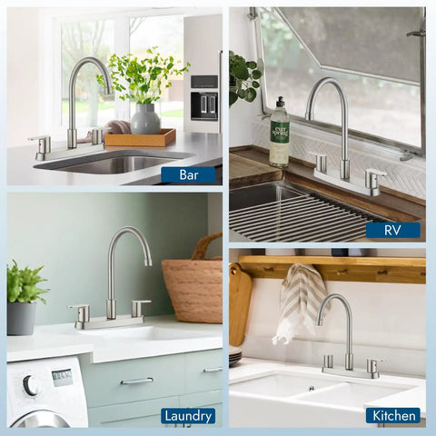 Top Shelf 8 Inch Centerset Kitchen Faucet With Dual Handles And High Arc 360 Swivel Spout In Sleek Brushed Nickel shown in kitchen, bar, laundry, RV settings.