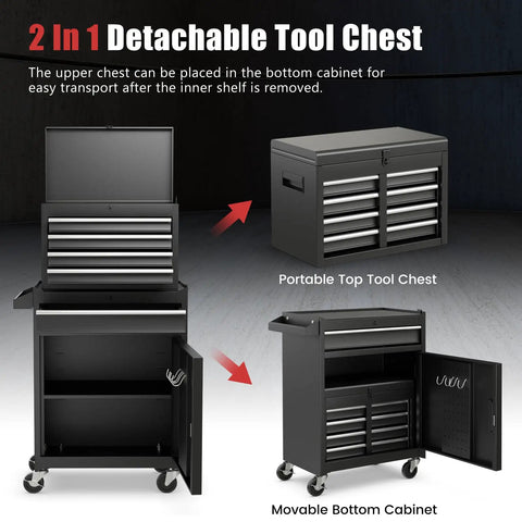 Two In One Tool Chest With Five Drawers Rolling Cabinet And Detachable Top Toolbox For Garage Workshop shown separated
