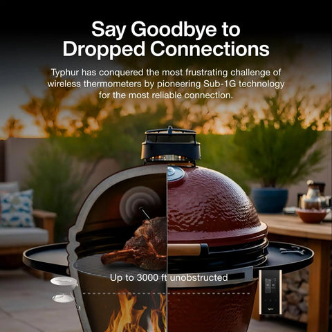 Wireless WiFi Meat Thermometer shown with smart base for Kamado grills, highlighting tenfold stronger signal connectivity.