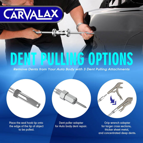 Nine Way Slide Hammer Puller Set For Dents And Dings, Front Wheel Hub Bearing And Rear Axle Removal, showing dent pulling options.