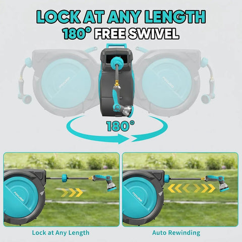 Heavy Duty Kink Free Auto Rewind Garden Hose Reel Half Inch, 160 Feet, Wall Mounted With 180 Degree Swivel Capability