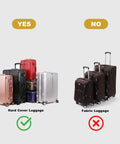Hard-shell luggage on the left and brown fabric luggage on the right; multiple suitcases shown