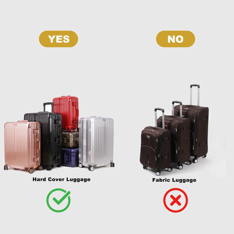 Hard-shell luggage on the left and brown fabric luggage on the right; multiple suitcases shown