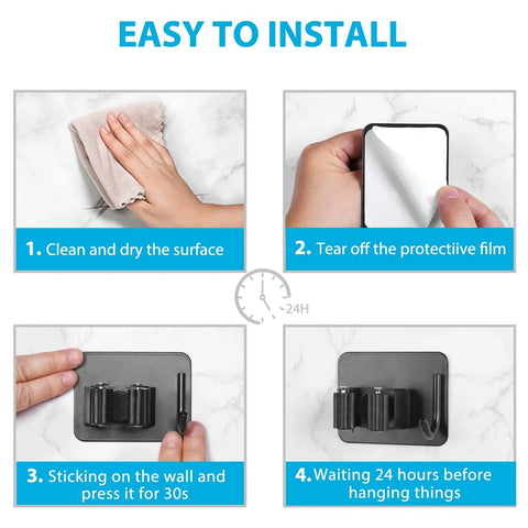 Step-by-step guide to install Mop Broom Holder Wall Mount With Shelf And Hooks Self Adhesive Sturdy on the wall.