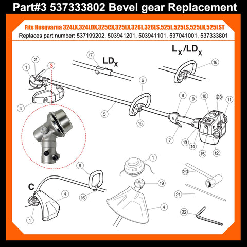 Gearbox Assembly Replacement For Husqvarna 128LD 125LDX 129R 124R 125R 128L 129LK 128R And Poulan BC2126 Weed Eater With 25.4mm Shaft Square Drive 10-Tooth Bevel Gear Head M10x1.25 LH Nut