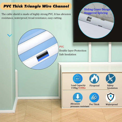 Exterior Waterproof Cable Raceway Kit for 6 Cables No Drill Self Adhesive Cord Protector in room corner with features displayed
