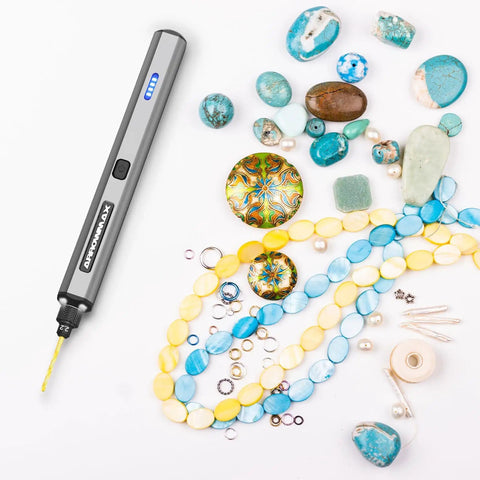 Pocket Sized Dope Mini Electric Drill Pen Kit 13 In 1 with Aluminum Case and beads for jewelry making projects.