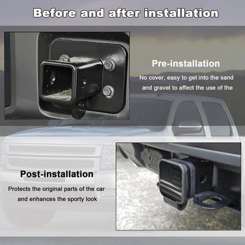 Flag Emblem Trailer Hitch Cover For 2 Inch Receivers, Dustproof Plug Cap, Tow Hitch Protector For Cars, Trucks And Trailers, Tough TPU Material, Easy Install, Keeps Debris Out And Scratches Off, Black shown before and after installation