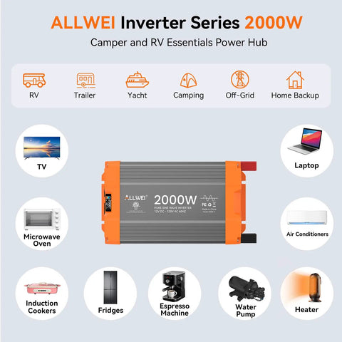 Heavy Duty 2000W Pure Sine Wave Power Inverter Converts 12V DC To 120V AC For RV And Truck With 4000 Watt Surge Output.
