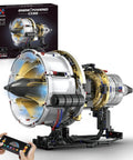 Jet Engine Building Set With Visible Turbofan Model Kit That Runs In Real Time Hands On Experience Transparent Cylinders Show Piston And Valve Action Includes Motor Lights And App Control Ideal STEM Toy Gift For Adults And Teens 14 Plus 564 Pieces displayed on table with app control in hand