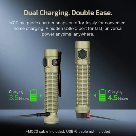 Dual charging Tiny But Mighty Pocket Light Baton Ultra EDC Flashlight 1800 Lumen Rechargeable Olive Green, USB-C charging shown