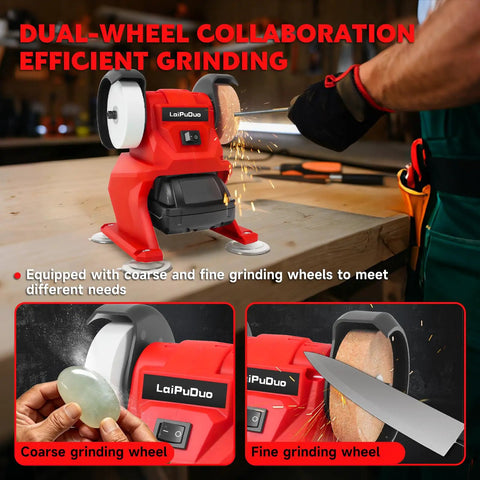The No Fuss Cordless Mini Bench Grinder Polisher With Dual Grinding Wheels Rocking At 5500 Rpm for efficient knife sharpening and rust removal.