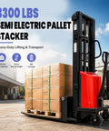 Heavy Duty 1.6KW Electric Pallet Stacker Forklift With 3300 Lbs Load Capacity And 94 Inch Lift Height shown lifting pallets outdoors.