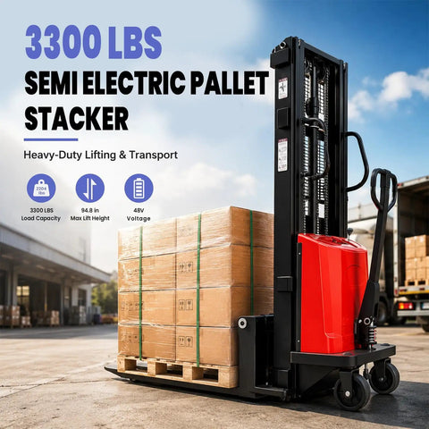 Heavy Duty 1.6KW Electric Pallet Stacker Forklift With 3300 Lbs Load Capacity And 94 Inch Lift Height shown lifting pallets outdoors.