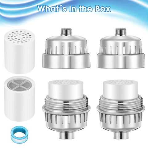 Two Pack Shower Filter System with Four Replacement Cartridges, chrome finish, shown with filter elements and tape