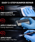 All In One Car Bumper Scratch Remover Kit That Fixes Paint Transfer Scuffs And Light Scratches With A Clear Touch Up Pen Wipes And Compound For All Paint Colors Easy DIY Auto Paint Repair shown in use with step-by-step process.
