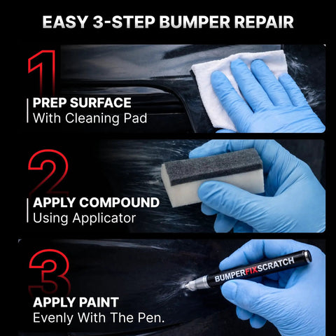All In One Car Bumper Scratch Remover Kit That Fixes Paint Transfer Scuffs And Light Scratches With A Clear Touch Up Pen Wipes And Compound For All Paint Colors Easy DIY Auto Paint Repair shown in use with step-by-step process.