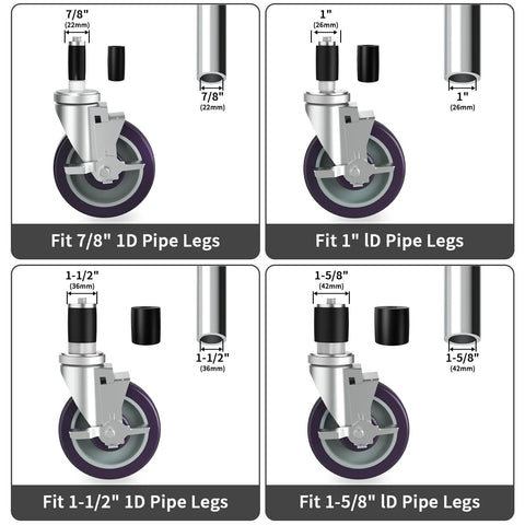 5 Inch Expanding Stem Caster Set Of 4 With Brakes For Table Legs, Adjustable Mounting Height Up To 6.1 Inches, Fits 7/8 Inch 1 Inch 1-1/2 Inch And 1-5/8 Inch Tubes, Stainless Steel Casters With Rubber Sleeves For Secure Fit