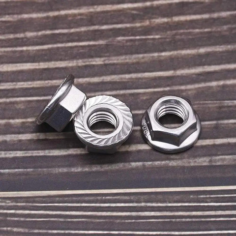 10-24 UNC Serrated Flange Hex Lock Nuts In Durable 304 Stainless Steel That Fights Vibration And Loosening, three nuts on surface