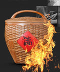 Asian Weave Ceramic Rice Dispenser With Tight Lid Big Kitchen Grain Bin with textured body and handle, designed for storage.