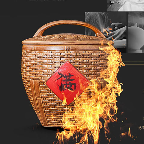 Asian Weave Ceramic Rice Dispenser With Tight Lid Big Kitchen Grain Bin with textured body and handle, designed for storage.