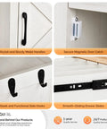 Detailed view of the Slick Rolling Kitchen Cart With Microwave Stand and Storage Cabinet and Drawer features, including handles and hooks.