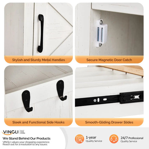 Detailed view of the Slick Rolling Kitchen Cart With Microwave Stand and Storage Cabinet and Drawer features, including handles and hooks.