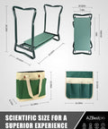 All In One Garden Stool And Kneeler Set with tool bag, foldable bench, EVA pad, dimensions overlay, green color, side view.