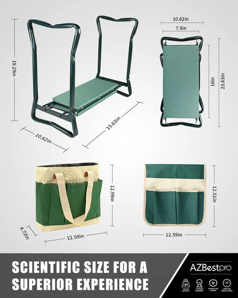 All In One Garden Stool And Kneeler Set with tool bag, foldable bench, EVA pad, dimensions overlay, green color, side view.