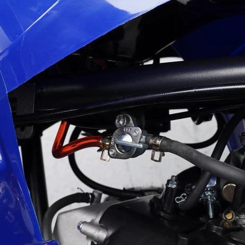 Close-up of Rugged Metal ATV Gas Tank With Cap 5L Fuel Tank Fits 110cc-250cc Quad connection on 4-wheeler frame