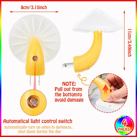 4 Piece Mushroom Night Light Set Plug In LED Night Lamps With 7 Color Mood Lighting shown with size dimensions and auto sensor feature.